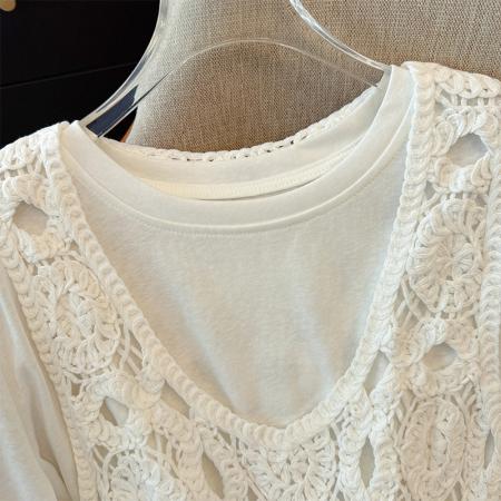 BY12346# 圆领百搭休闲短袖T恤+计感镂镂空拼接网纱背心两件套套装 服裝批發女裝批發服飾貨源