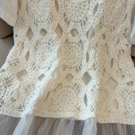 BY12346# 圆领百搭休闲短袖T恤+计感镂镂空拼接网纱背心两件套套装 服裝批發女裝批發服飾貨源