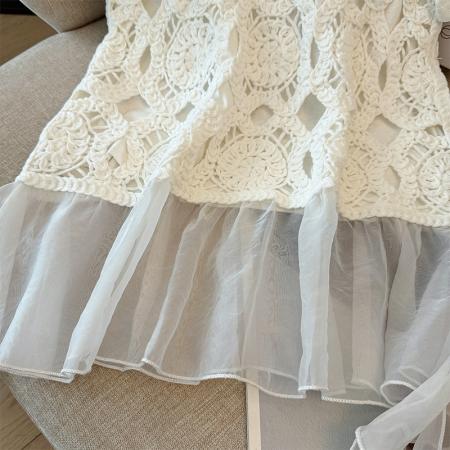 BY12346# 圆领百搭休闲短袖T恤+计感镂镂空拼接网纱背心两件套套装 服裝批發女裝批發服飾貨源