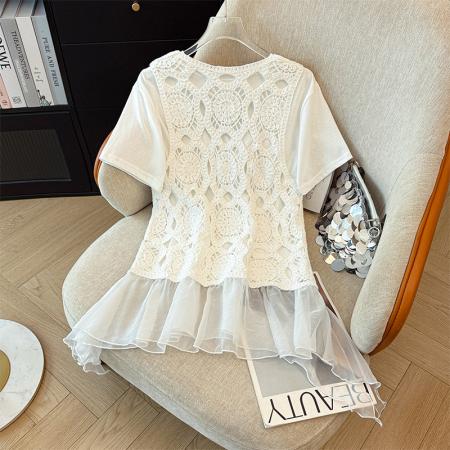 BY12346# 圆领百搭休闲短袖T恤+计感镂镂空拼接网纱背心两件套套装 服裝批發女裝批發服飾貨源