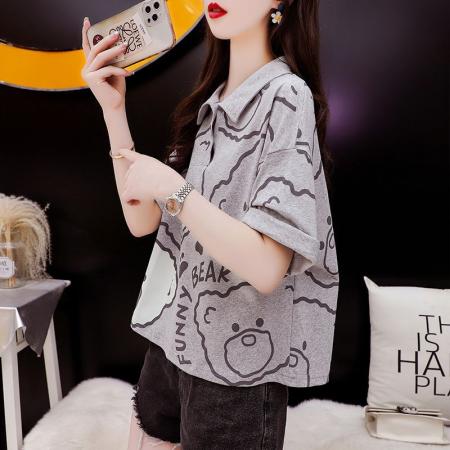 BY12352# 棉夏季新款POLO翻领卡通印花短袖T恤女潮 服裝批發女裝批發服飾貨源