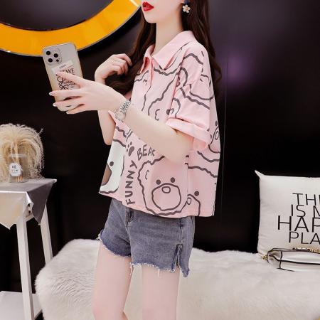 BY12352# 棉夏季新款POLO翻领卡通印花短袖T恤女潮 服裝批發女裝批發服飾貨源