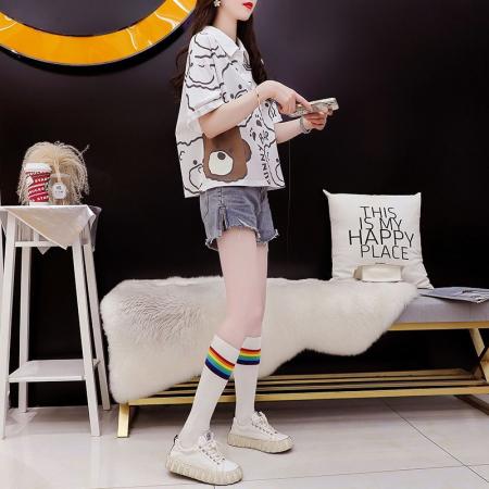 BY12352# 棉夏季新款POLO翻领卡通印花短袖T恤女潮 服裝批發女裝批發服飾貨源