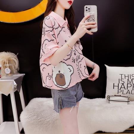 BY12352# 棉夏季新款POLO翻领卡通印花短袖T恤女潮 服裝批發女裝批發服飾貨源