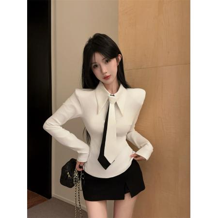 BY12354# 设计感时髦酷辣黑白撞色领带衬衣长袖T恤小衫 服裝批發女裝批發服飾貨源