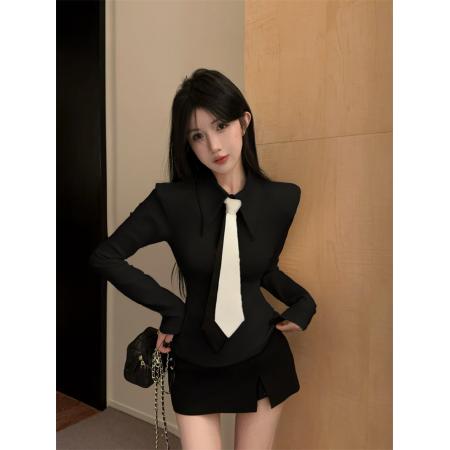 BY12354# 设计感时髦酷辣黑白撞色领带衬衣长袖T恤小衫 服裝批發女裝批發服飾貨源