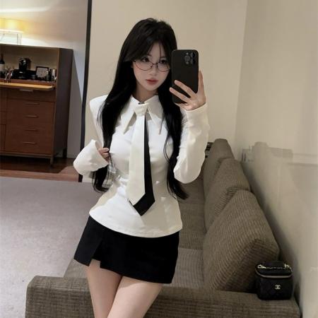 BY12354# 设计感时髦酷辣黑白撞色领带衬衣长袖T恤小衫 服裝批發女裝批發服飾貨源