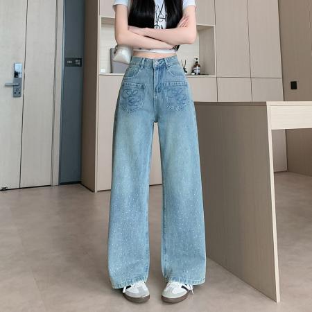 BY12360# 美式复古设计感烫钻牛仔裤女春季新款立体水钻阔腿裤潮 服裝批發女裝批發服飾貨源