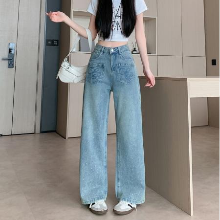 BY12360# 美式复古设计感烫钻牛仔裤女春季新款立体水钻阔腿裤潮 服裝批發女裝批發服飾貨源