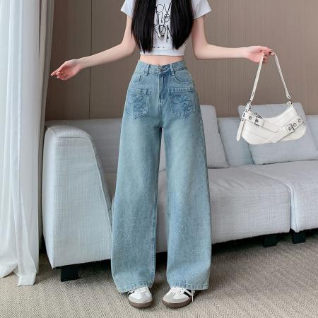 BY12360# 美式复古设计感烫钻牛仔裤女春季新款立体水钻阔腿裤潮 服裝批發女裝批發服飾貨源
