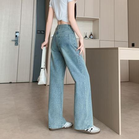 BY12360# 美式复古设计感烫钻牛仔裤女春季新款立体水钻阔腿裤潮 服裝批發女裝批發服飾貨源