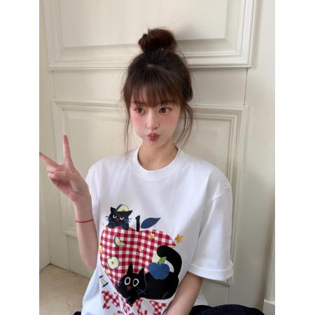 BY12362# 甜美可爱小黑猫格纹苹果纯棉短袖T恤夏季新款上衣女 服裝批發女裝批發服飾貨源