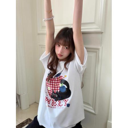 BY12362# 甜美可爱小黑猫格纹苹果纯棉短袖T恤夏季新款上衣女 服裝批發女裝批發服飾貨源