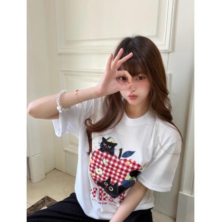 BY12362# 甜美可爱小黑猫格纹苹果纯棉短袖T恤夏季新款上衣女 服裝批發女裝批發服飾貨源