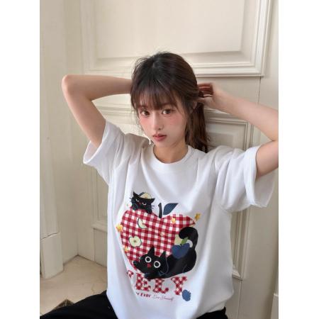 BY12362# 甜美可爱小黑猫格纹苹果纯棉短袖T恤夏季新款上衣女 服裝批發女裝批發服飾貨源