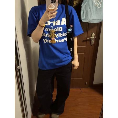 BY12363# 新款情侣潮牌克莱因蓝短袖女美式宽松T恤女半袖上衣高级感 服裝批發女裝批發服飾貨源