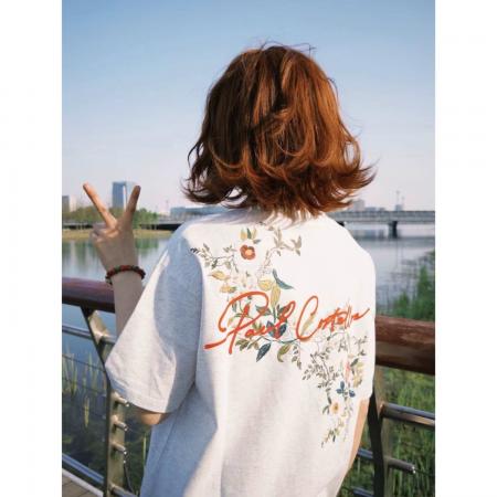 BY12365# 国潮牌花卉刺绣短袖t恤男款夏季新款宽松情侣装纯棉高端上衣 服裝批發女裝批發服飾貨源