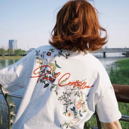 BY12365# 国潮牌花卉刺绣短袖t恤男款夏季新款宽松情侣装纯棉高端上衣 服裝批發女裝批發服飾貨源