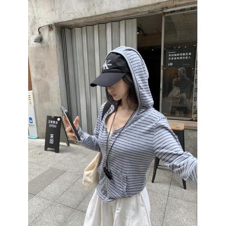 BY12367# 莱赛尔雪花慵懒风条纹拉链长袖连帽开衫外套女春季新款上衣 服裝批發女裝批發服飾貨源