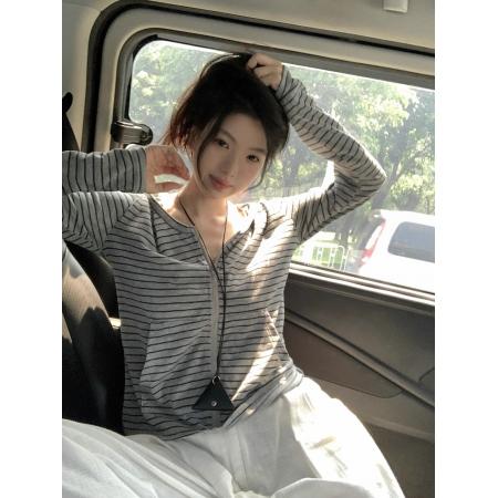 BY12367# 莱赛尔雪花慵懒风条纹拉链长袖连帽开衫外套女春季新款上衣 服裝批發女裝批發服飾貨源