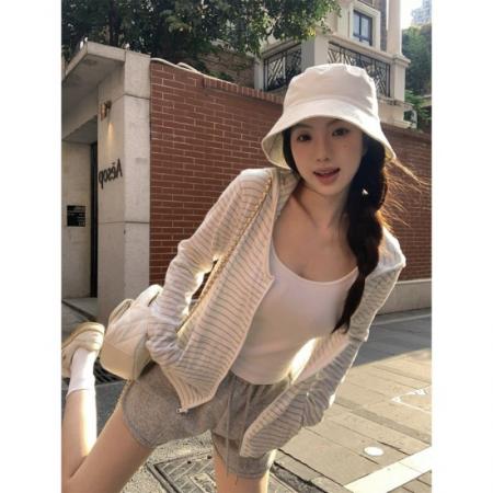 BY12367# 莱赛尔雪花慵懒风条纹拉链长袖连帽开衫外套女春季新款上衣 服裝批發女裝批發服飾貨源