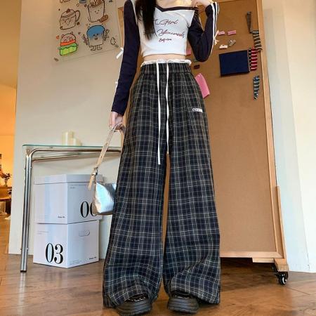 BY12369# 纯棉梭织格美式拼接格子阔腿裤女高腰宽松休闲裤长裤子 服裝批發女裝批發服飾貨源