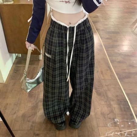 BY12369# 纯棉梭织格美式拼接格子阔腿裤女高腰宽松休闲裤长裤子 服裝批發女裝批發服飾貨源