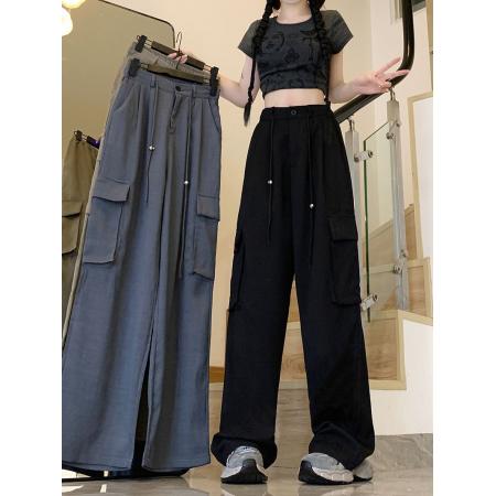 BY12370# 包边美式工装裤大码女装休闲裤直筒垂感宽松阔腿裤 服裝批發女裝批發服飾貨源