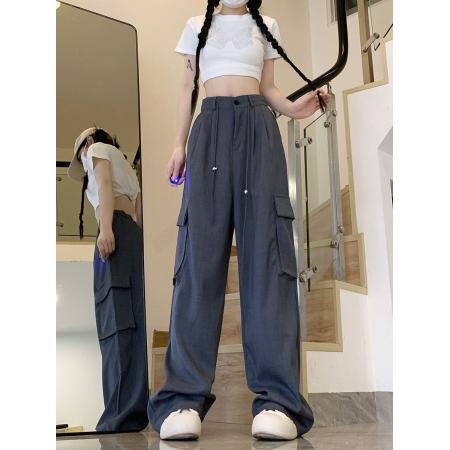 BY12370# 包边美式工装裤大码女装休闲裤直筒垂感宽松阔腿裤 服裝批發女裝批發服飾貨源