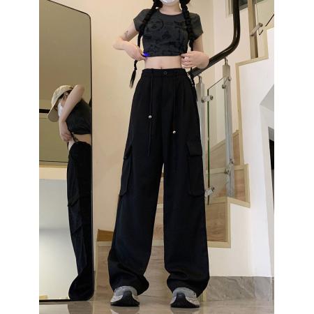 BY12370# 包边美式工装裤大码女装休闲裤直筒垂感宽松阔腿裤 服裝批發女裝批發服飾貨源