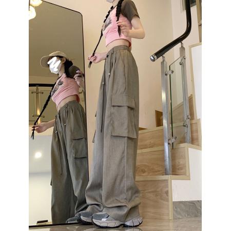 BY12370# 包边美式工装裤大码女装休闲裤直筒垂感宽松阔腿裤 服裝批發女裝批發服飾貨源