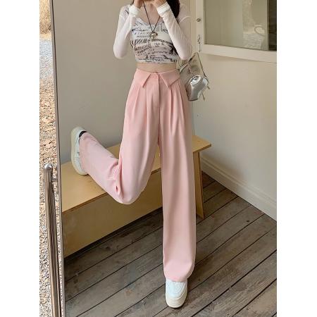 BY12371# 西装料包边小众西装休闲阔腿长裤女装高腰宽松直筒裤 服裝批發女裝批發服飾貨源