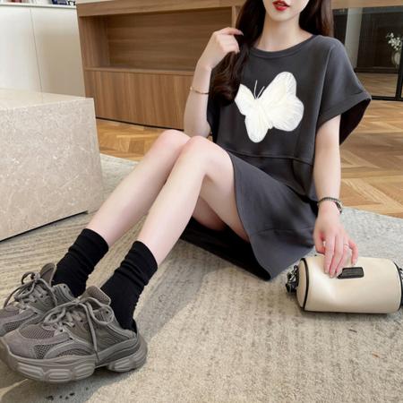 BY12373# 纯棉特价夏季圆领字母印花百搭短袖T恤裙女 服裝批發女裝批發服飾貨源