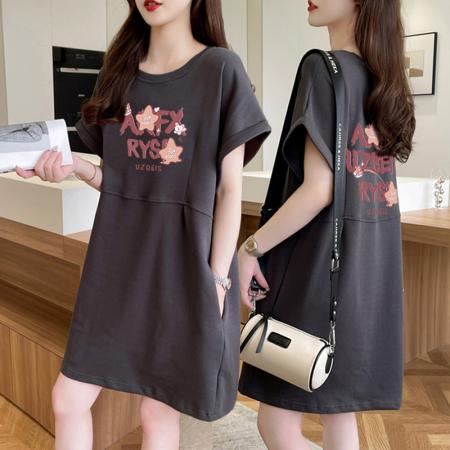 BY12374# 纯棉特价夏季圆领字母印花百搭短袖T恤裙女 服裝批發女裝批發服飾貨源