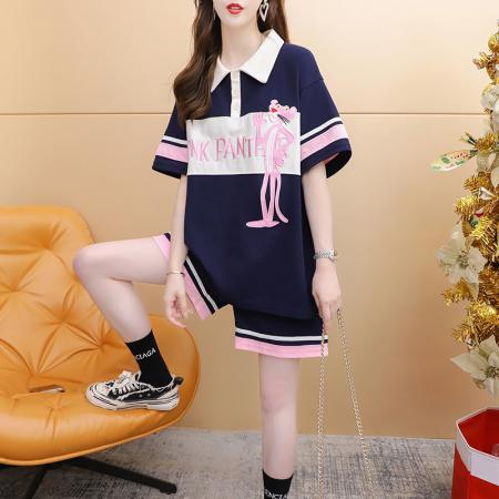 纯棉夏季设计粉红豹POLO领短袖T恤套装女 服裝批發女裝批發服飾貨源