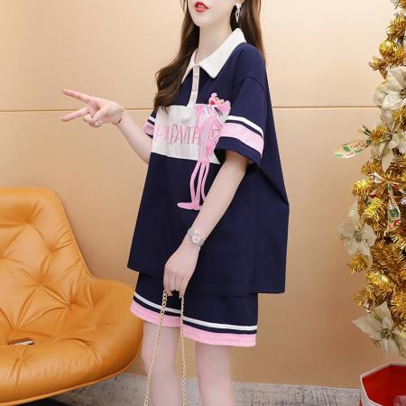 纯棉夏季设计粉红豹POLO领短袖T恤套装女 服裝批發女裝批發服飾貨源