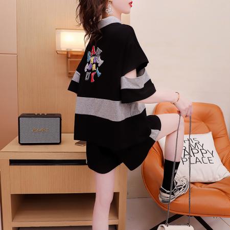 BY12379# 棉夏季学生POLO领短袖拼色T恤短裤套装女 服裝批發女裝批發服飾貨源