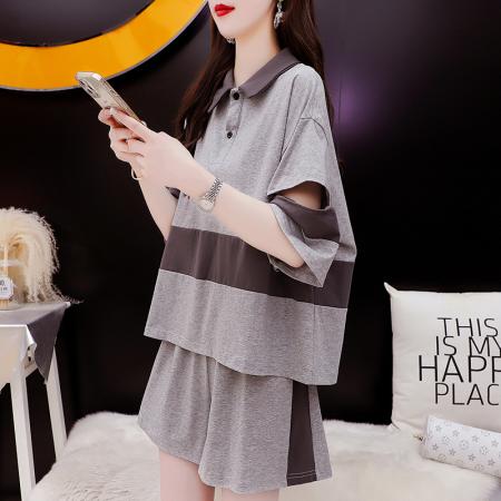 BY12379# 棉夏季学生POLO领短袖拼色T恤短裤套装女 服裝批發女裝批發服飾貨源