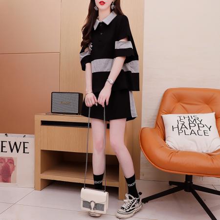 BY12379# 棉夏季学生POLO领短袖拼色T恤短裤套装女 服裝批發女裝批發服飾貨源