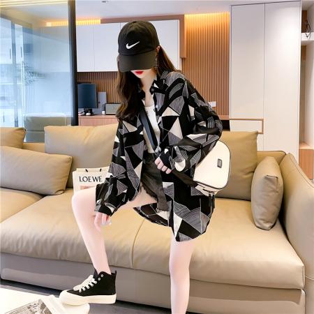 BY12380# 三角形印花POLO领长袖衬衫女 服裝批發女裝批發服飾貨源