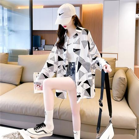 BY12380# 三角形印花POLO领长袖衬衫女 服裝批發女裝批發服飾貨源