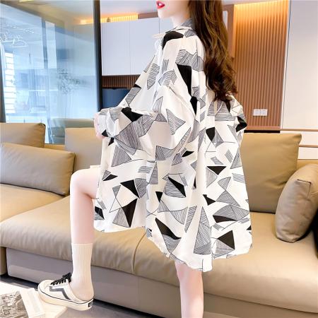 BY12380# 三角形印花POLO领长袖衬衫女 服裝批發女裝批發服飾貨源