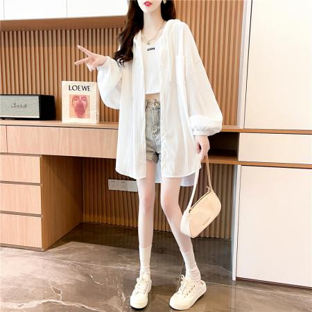 BY12381# 原版质量聚酯纤维夏季前短后长纯色连帽衬衫女 服裝批發女裝批發服飾貨源