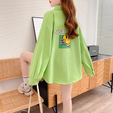 BY12382# 纯棉牛仔衬衣春季糖果色字母笑脸polo领长袖衬衫女 服裝批發女裝批發服飾貨源