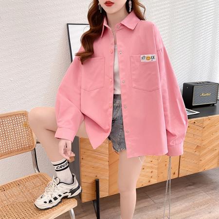 BY12382# 纯棉牛仔衬衣春季糖果色字母笑脸polo领长袖衬衫女 服裝批發女裝批發服飾貨源