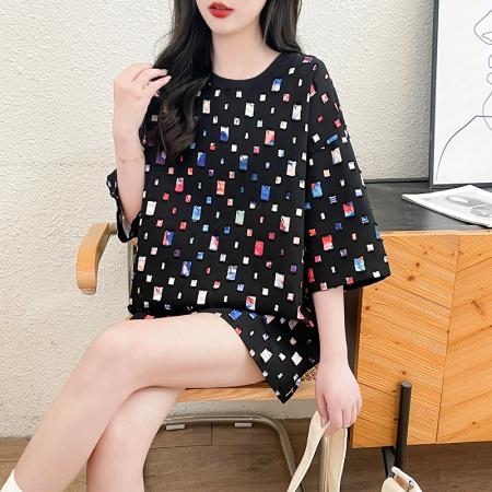 BY12385# 内里涤纶+纯棉夏季百搭彩色方格设计圆领短袖T恤女 服裝批發女裝批發服飾貨源