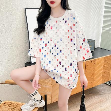 BY12385# 内里涤纶+纯棉夏季百搭彩色方格设计圆领短袖T恤女 服裝批發女裝批發服飾貨源