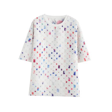 BY12385# 内里涤纶+纯棉夏季百搭彩色方格设计圆领短袖T恤女 服裝批發女裝批發服飾貨源