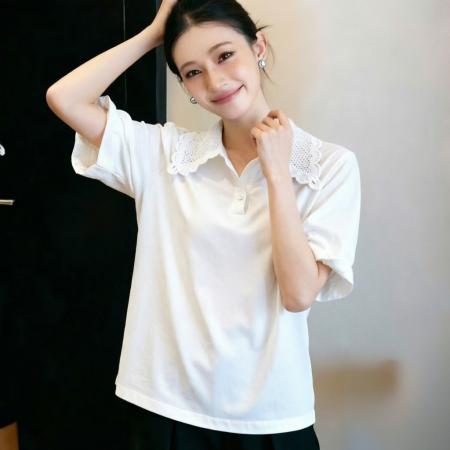 BY12386# 夏季新款polo领蕾丝花边宽松百搭短袖T恤上衣女 服裝批發女裝批發服飾貨源
