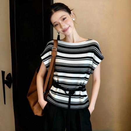 BY12387# 夏季新款气质高腰修身显瘦拼接黑白条纹短袖上衣女 服裝批發女裝批發服飾貨源